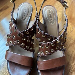 See By Chloe Brown Leather Sandals with Gold Accents